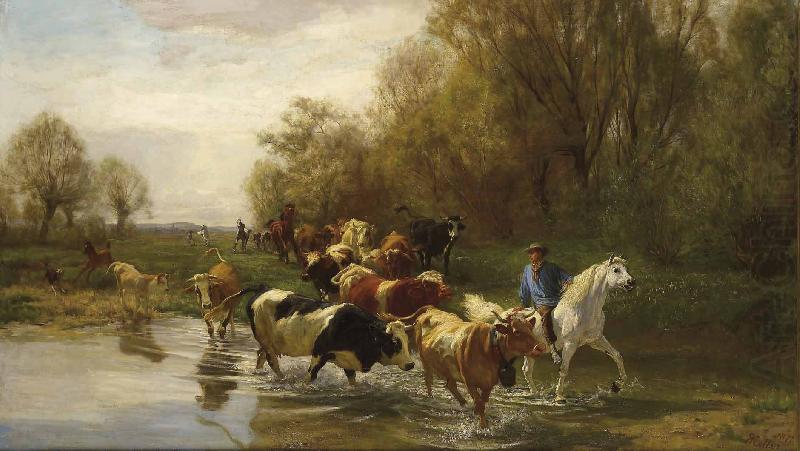 Kuhe mit Reiter am Wasser beim Zurichhorn, Rudolf Koller